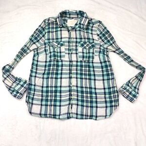 SONOMA WOMEN'S BLUE/TEAL/MINT/WHITE PLAID LONG SLEEVE BUTTON DOWN SHIRT SIZE MED